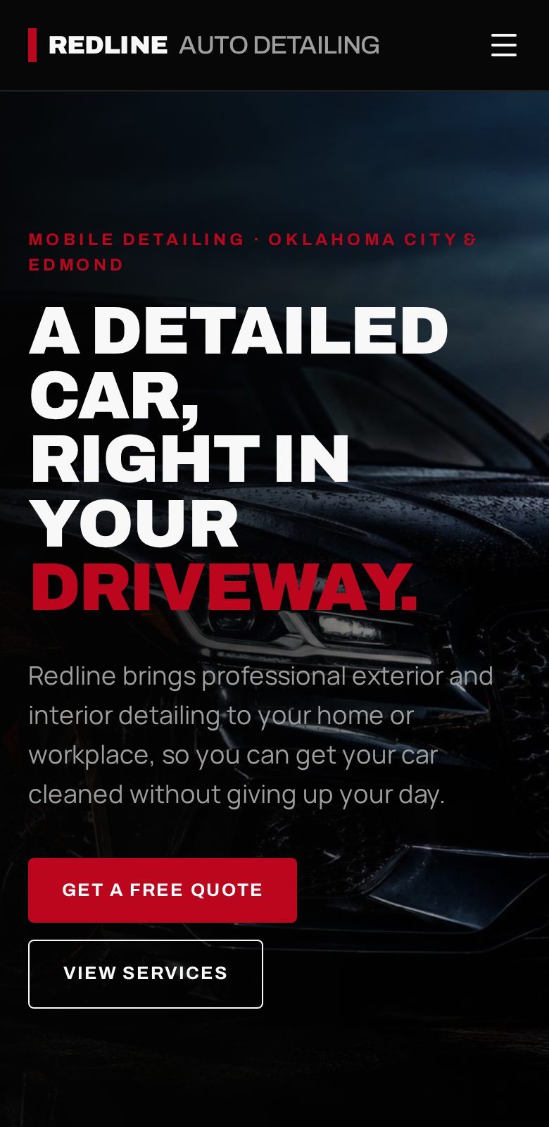 Mobile view of the Redline Auto Detailing concept website