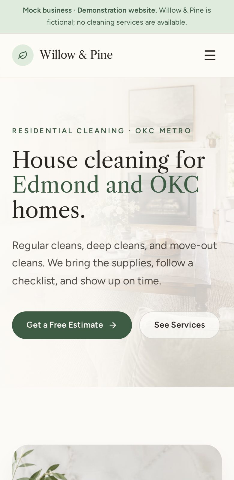 Mobile view of the Willow & Pine Cleaning Co. concept website